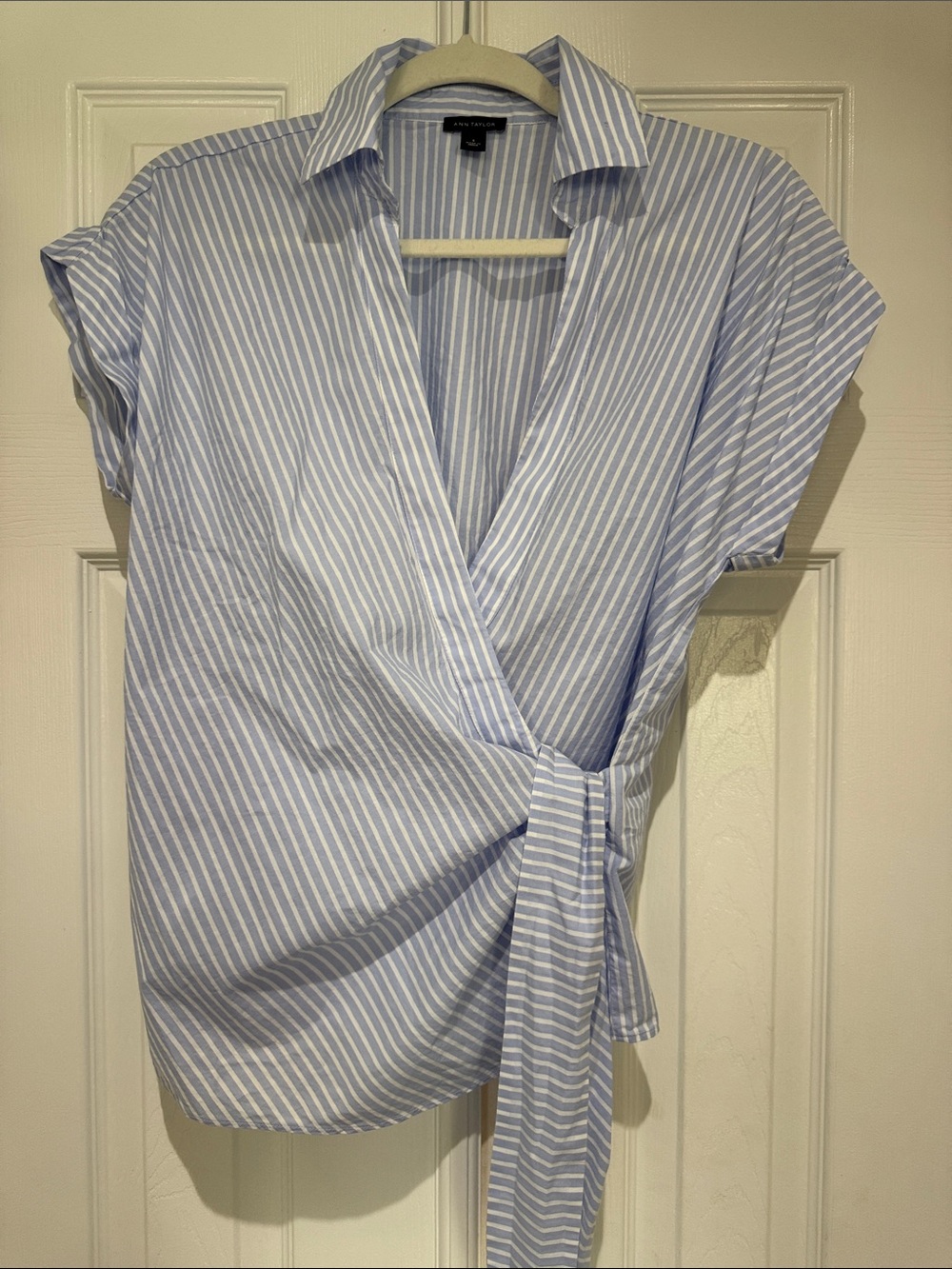 Ann Taylor Light Blue & White Striped Tie-Waist Blouse